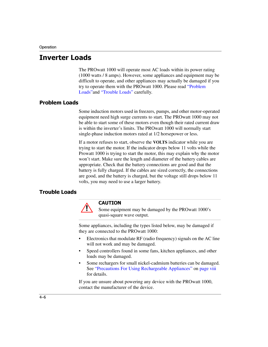 Xantrex Technology PROwatt 1000 manual Inverter Loads, Problem Loads, Trouble Loads 