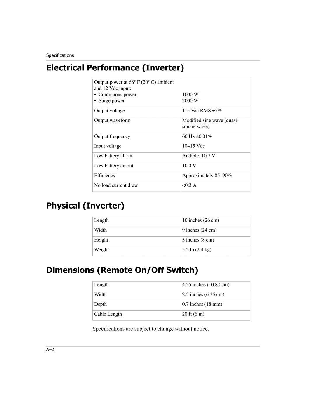 Xantrex Technology PROwatt 1000 manual Electrical Performance Inverter, Physical Inverter, Dimensions Remote On/Off Switch 