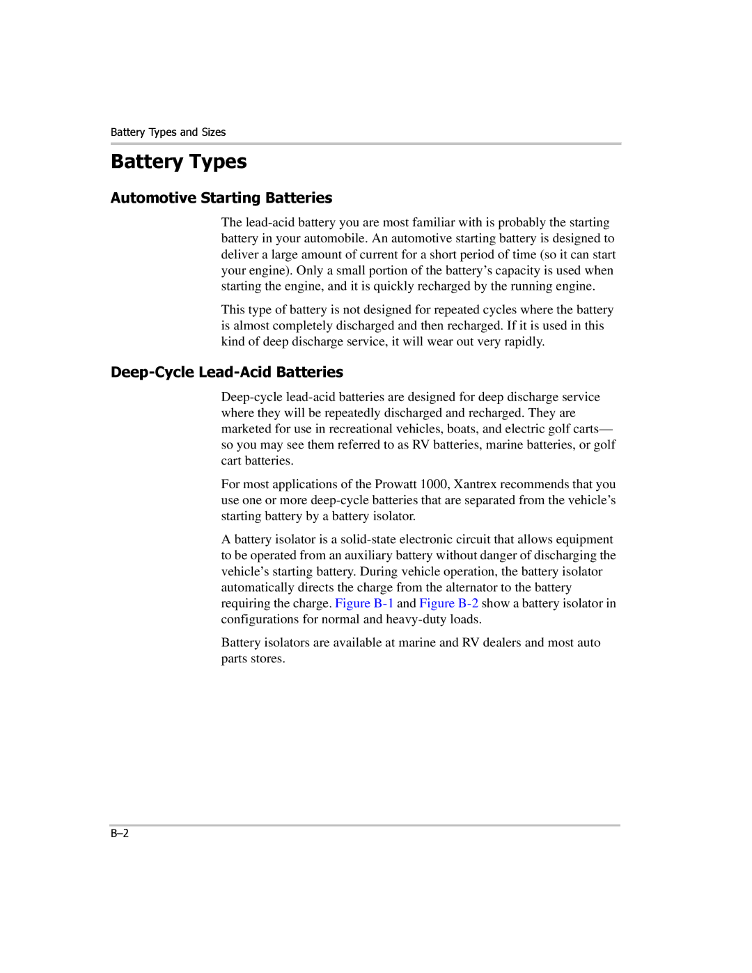 Xantrex Technology PROwatt 1000 manual Battery Types, Automotive Starting Batteries, Deep-Cycle Lead-Acid Batteries 