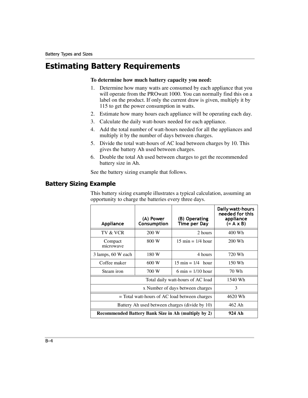 Xantrex Technology PROwatt 1000 manual Estimating Battery Requirements, Battery Sizing Example 