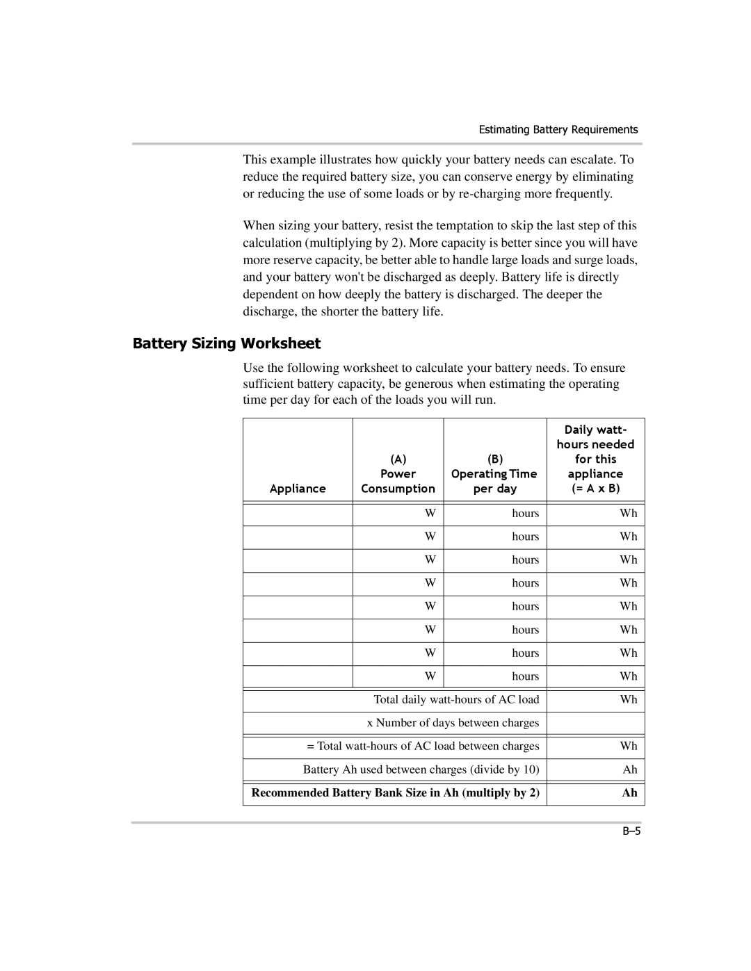 Xantrex Technology PROwatt 1000 manual Battery Sizing Worksheet, Appliance Consumption Per day = a x B 