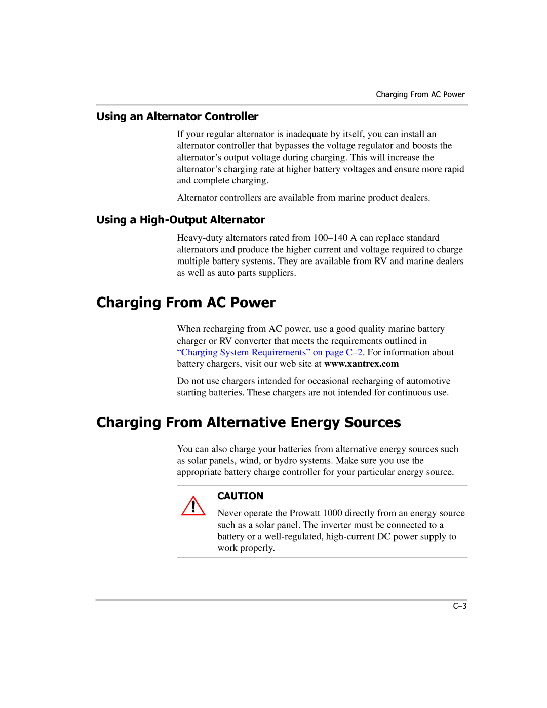 Xantrex Technology PROwatt 1000 manual Charging From AC Power, Charging From Alternative Energy Sources 