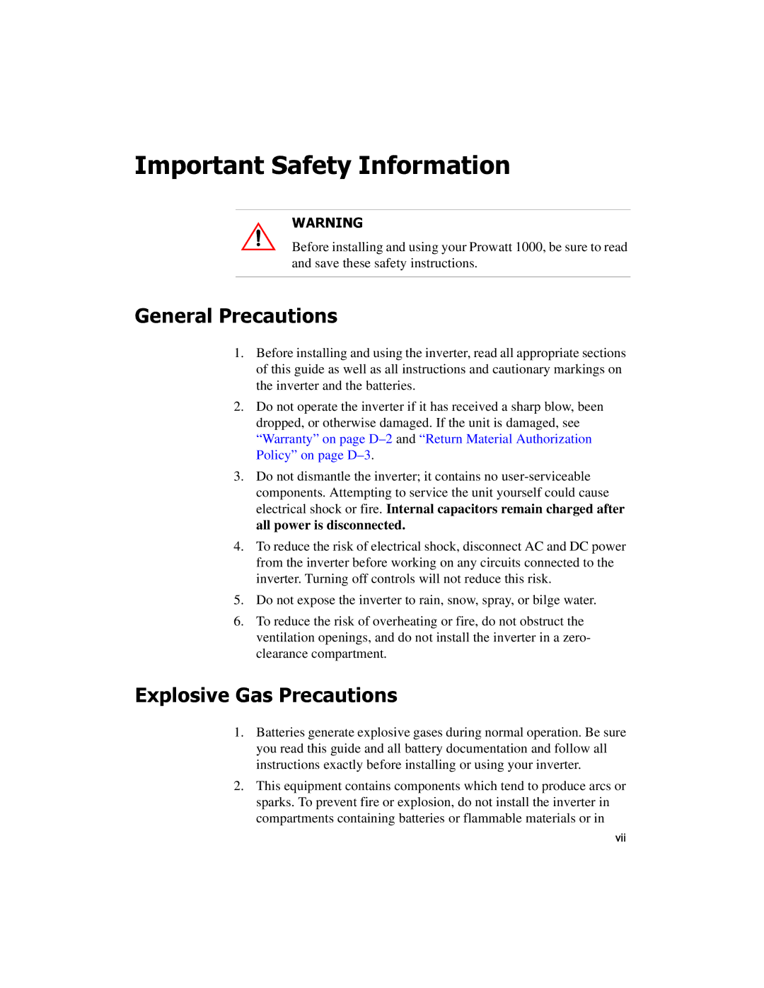 Xantrex Technology PROwatt 1000 manual General Precautions, Explosive Gas Precautions 