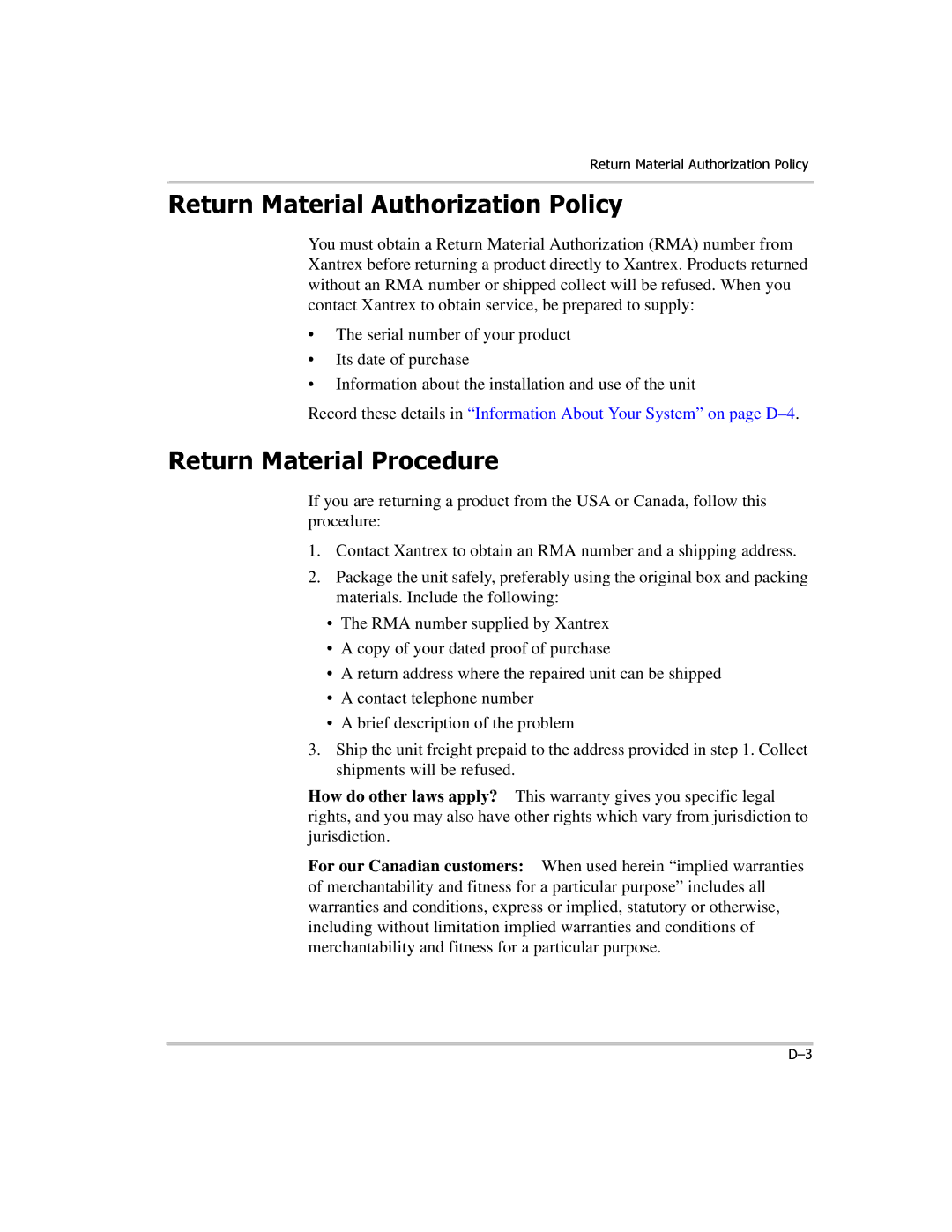 Xantrex Technology PROwatt 1000 manual Return Material Authorization Policy, Return Material Procedure 