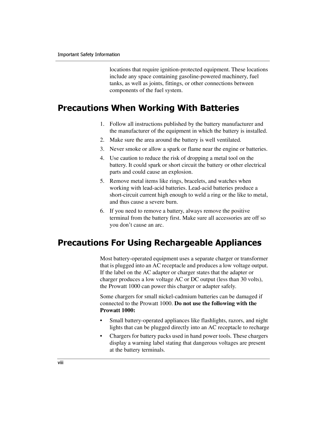 Xantrex Technology PROwatt 1000 Precautions When Working With Batteries, Precautions For Using Rechargeable Appliances 