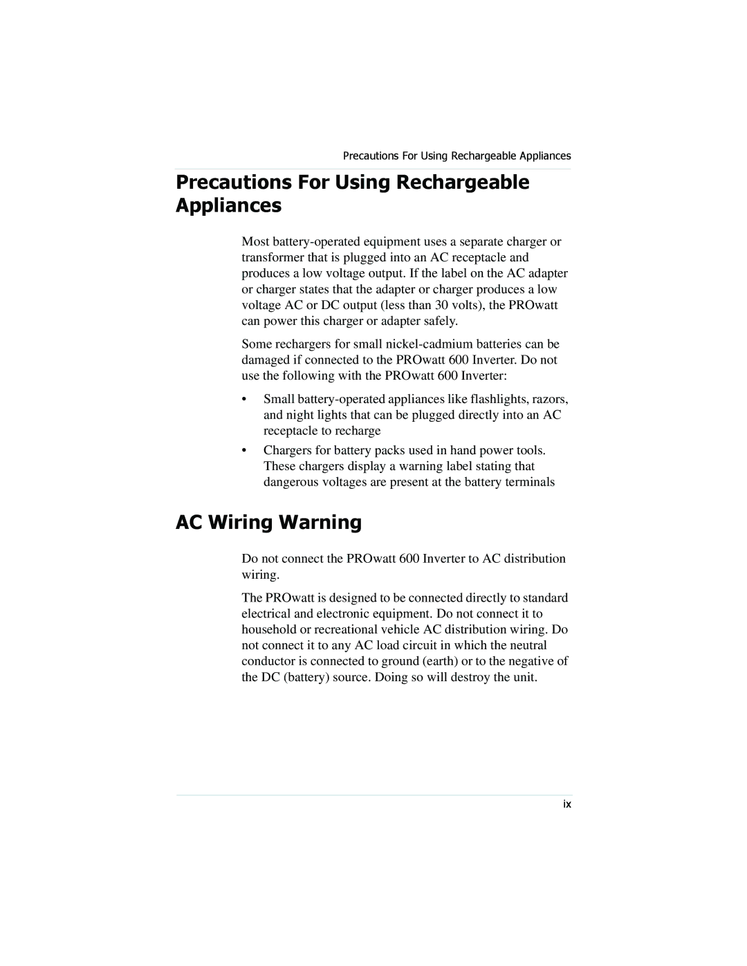 Xantrex Technology PROwatt 600 manual Precautions For Using Rechargeable Appliances, AC Wiring Warning 