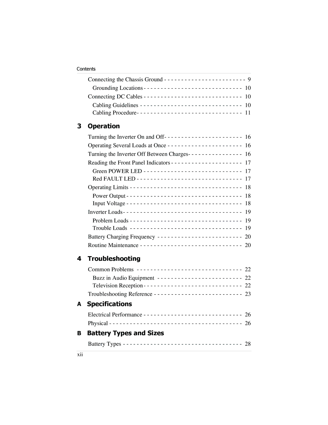Xantrex Technology PROwatt 600 manual Operation, Troubleshooting, Specifications, Battery Types and Sizes 