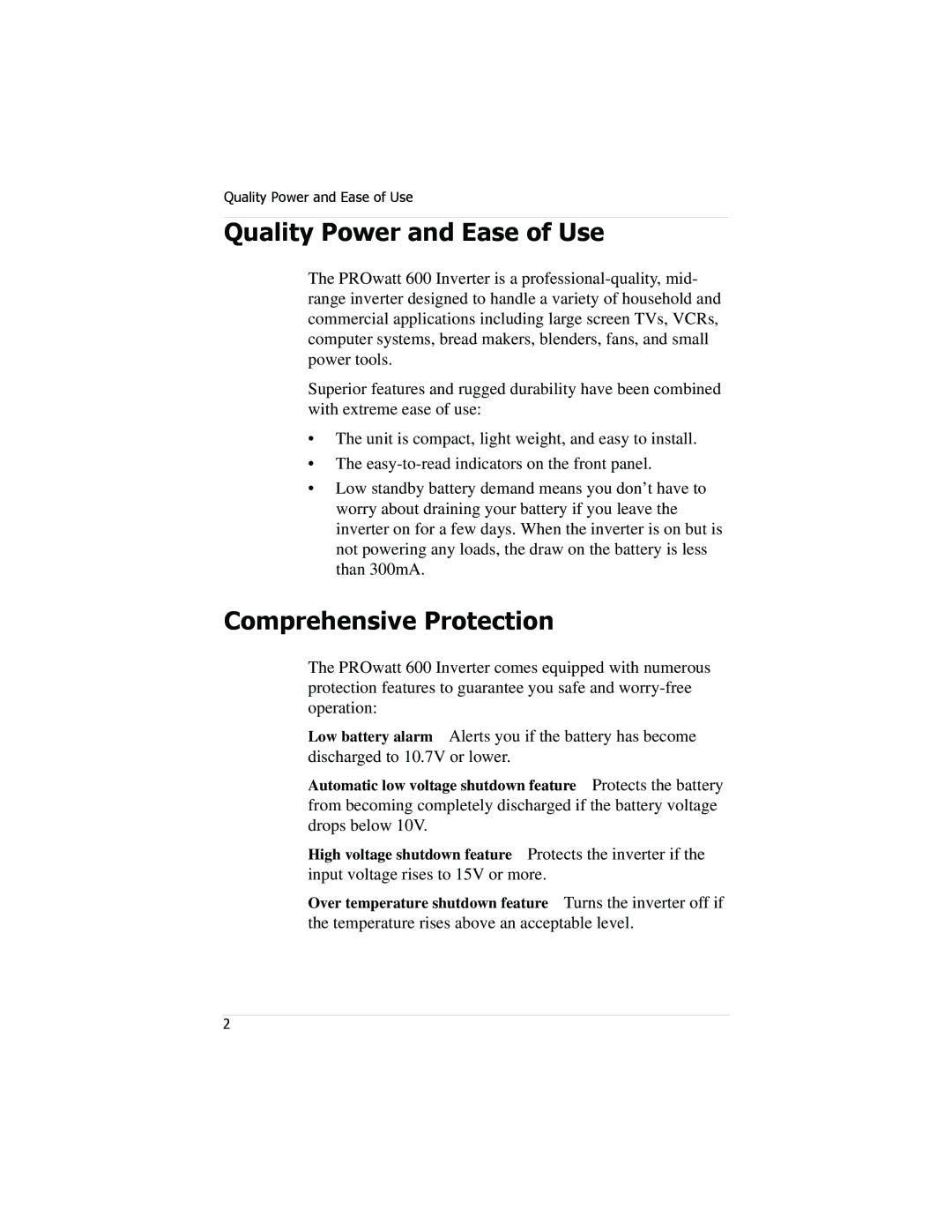 Xantrex Technology PROwatt 600 manual Quality Power and Ease of Use, Comprehensive Protection 