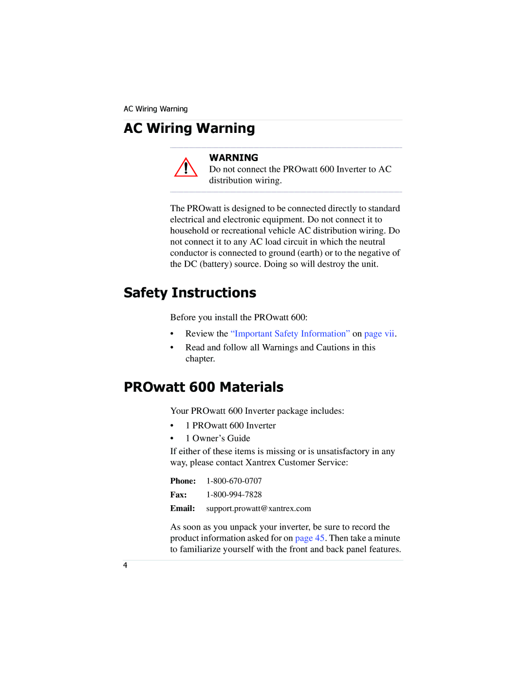 Xantrex Technology manual Safety Instructions, PROwatt 600 Materials 