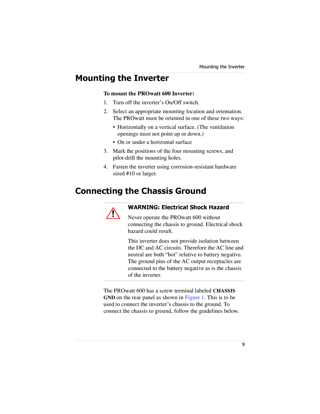 Xantrex Technology PROwatt 600 manual Mounting the Inverter, Connecting the Chassis Ground 