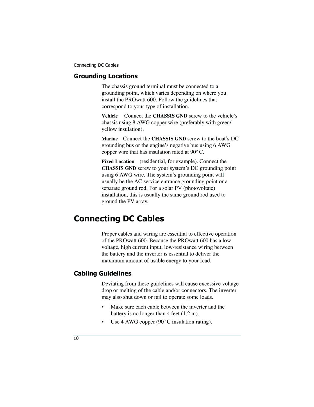 Xantrex Technology PROwatt 600 manual Connecting DC Cables, Grounding Locations, Cabling Guidelines 