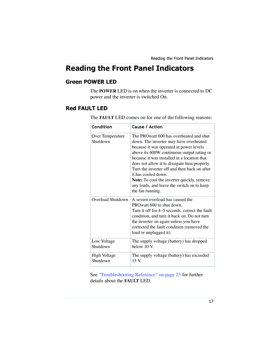 Xantrex Technology PROwatt 600 manual Reading the Front Panel Indicators, Green Power LED, Red Fault LED 