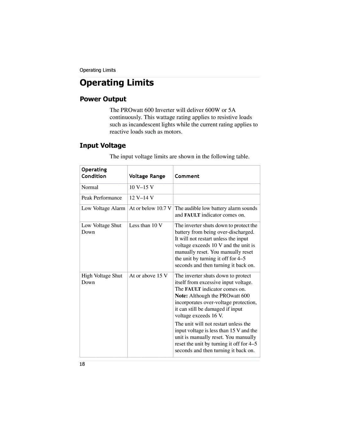Xantrex Technology PROwatt 600 manual Operating Limits, Power Output, Input Voltage 