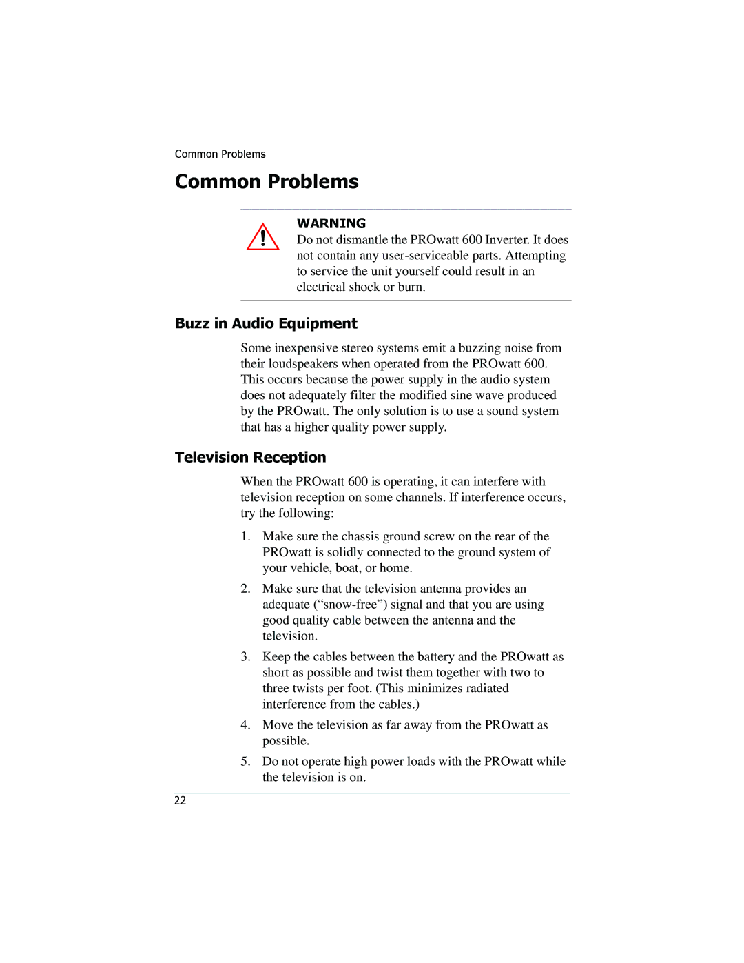 Xantrex Technology PROwatt 600 manual Common Problems, Buzz in Audio Equipment, Television Reception 