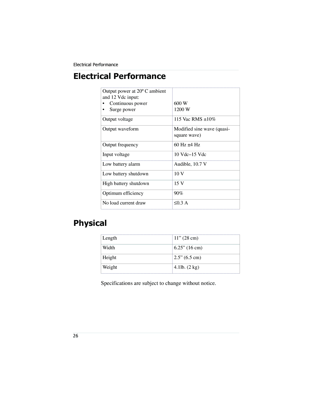 Xantrex Technology PROwatt 600 manual Electrical Performance, Physical 