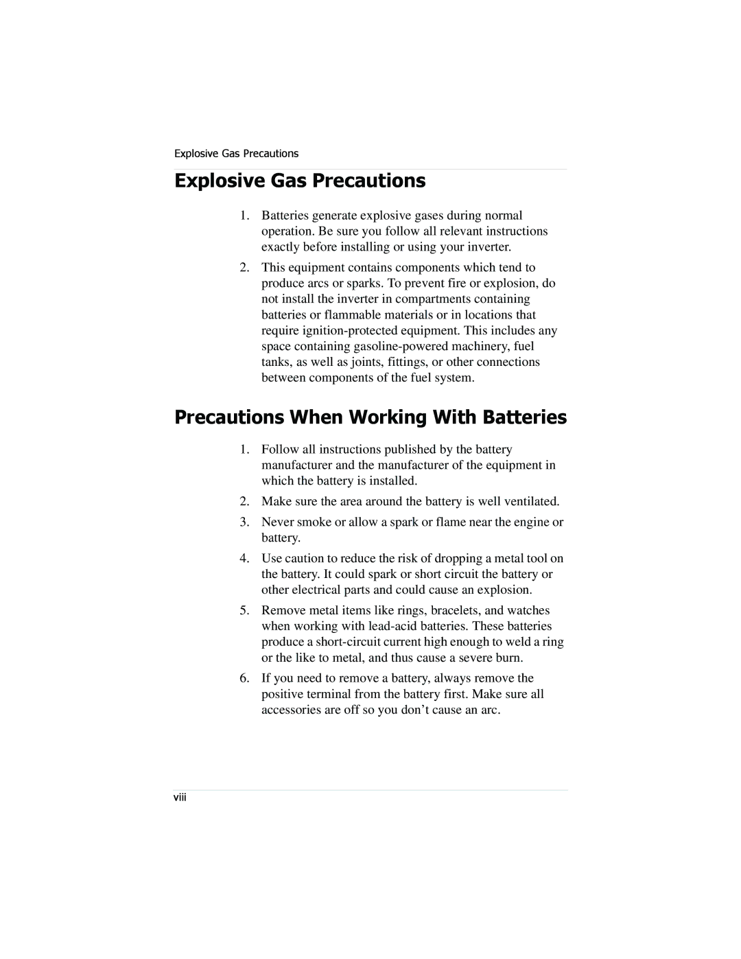 Xantrex Technology PROwatt 600 manual Explosive Gas Precautions, Precautions When Working With Batteries 