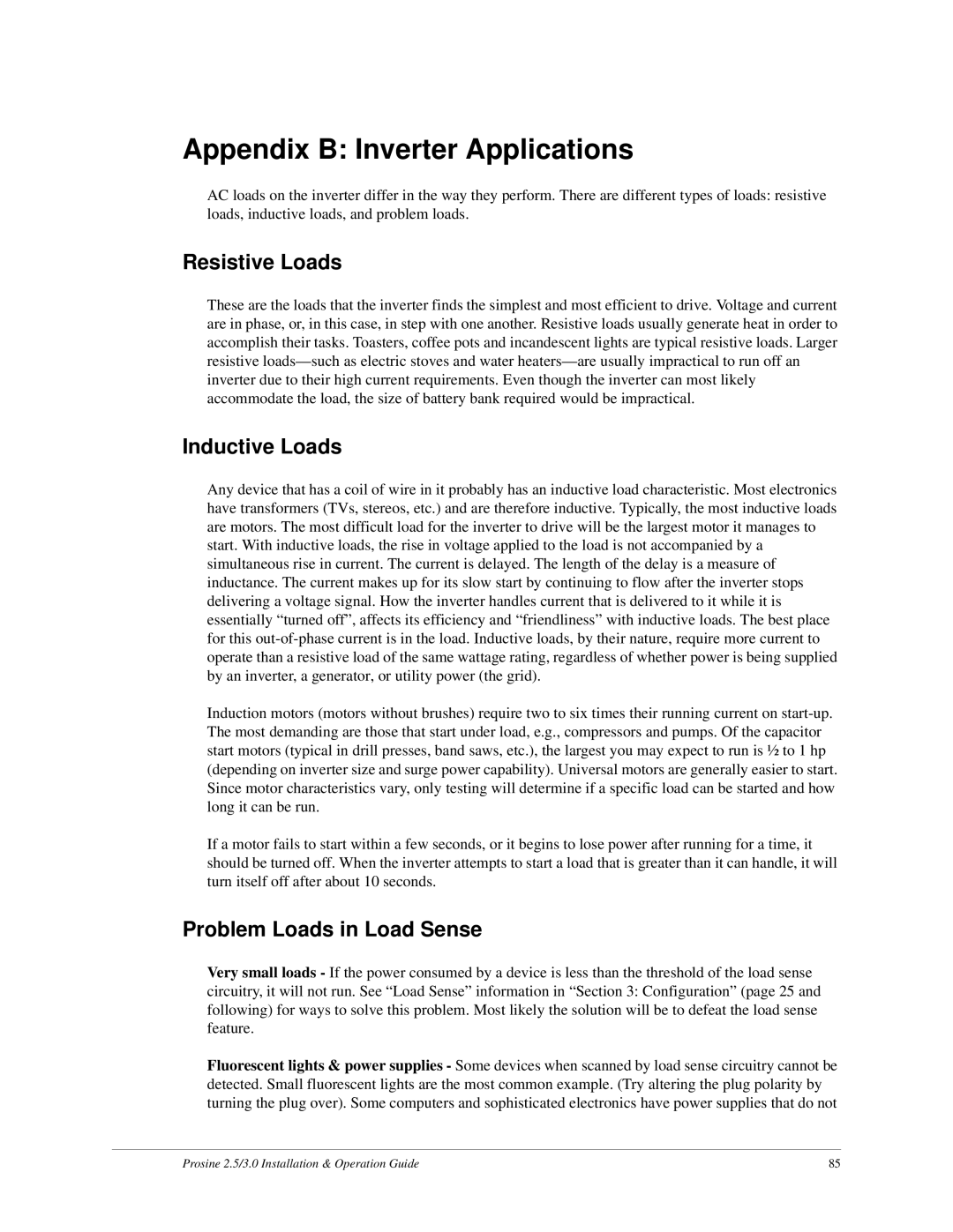 Xantrex Technology PS2.5 Appendix B Inverter Applications, Resistive Loads, Inductive Loads, Problem Loads in Load Sense 