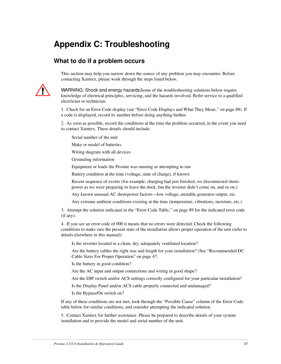 Xantrex Technology PS2.5, PS3.0 installation and operation guide Appendix C Troubleshooting, What to do if a problem occurs 