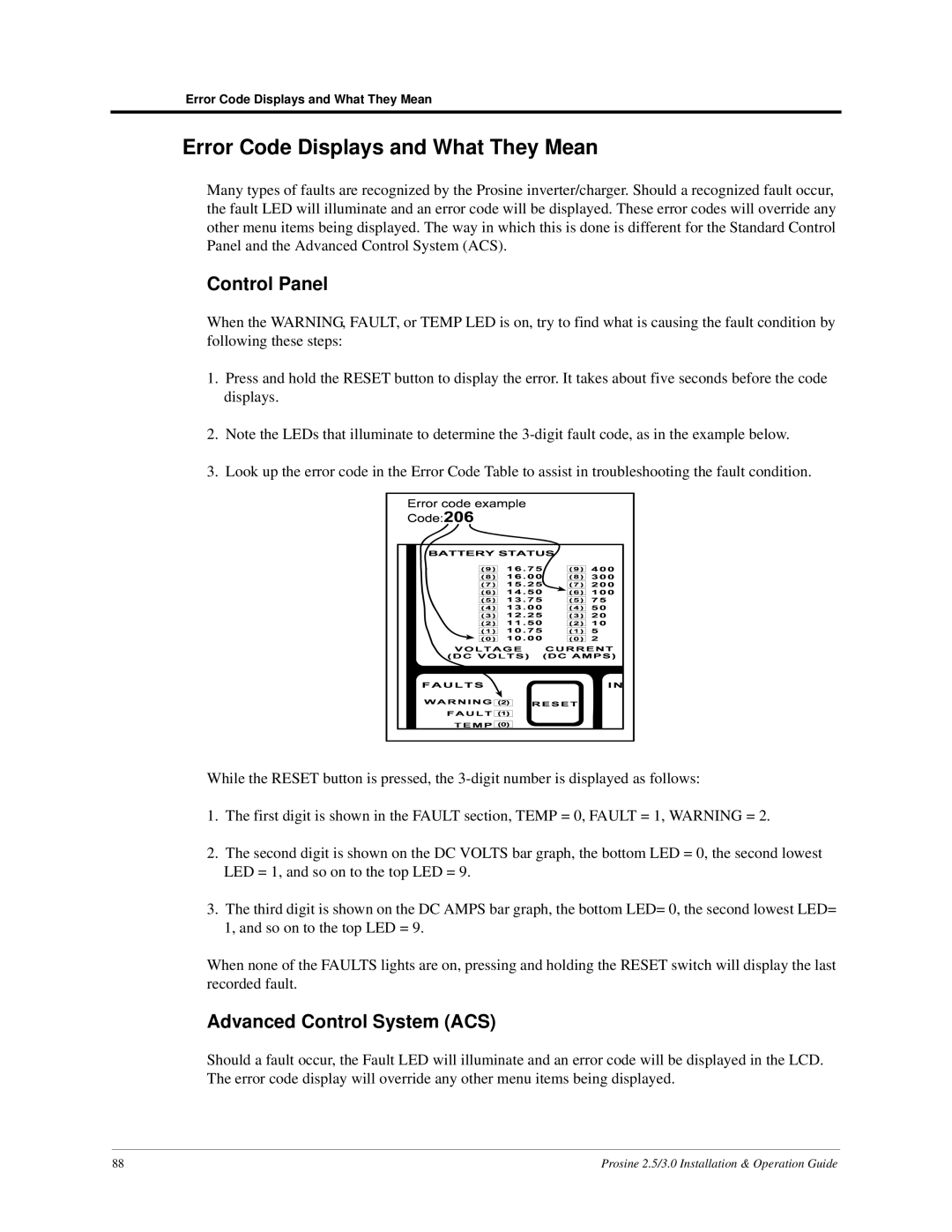 Xantrex Technology PS3.0, PS2.5 Error Code Displays and What They Mean, Control Panel, Advanced Control System ACS 