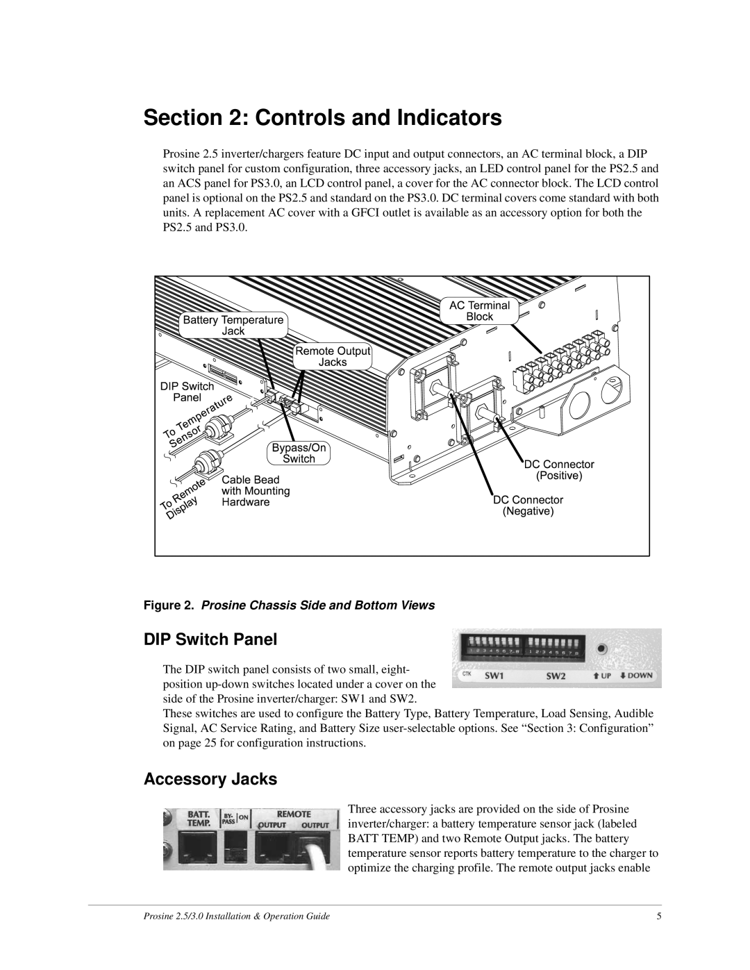 Xantrex Technology PS2.5, PS3.0 installation and operation guide Controls and Indicators, DIP Switch Panel, Accessory Jacks 