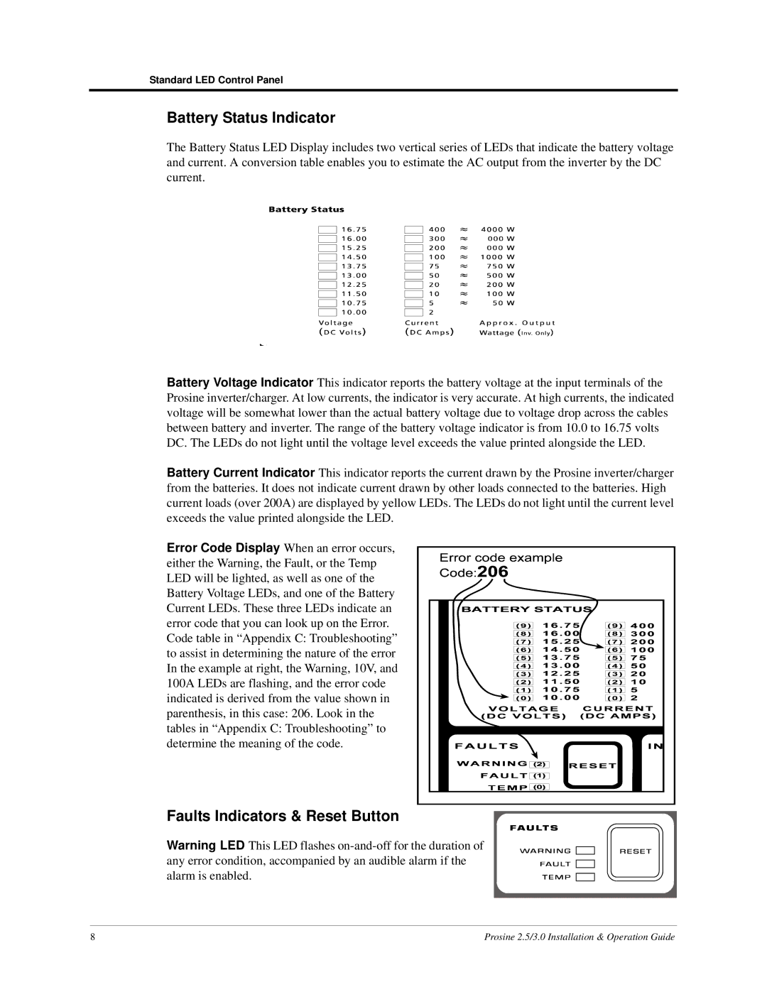 Xantrex Technology PS3.0, PS2.5 installation and operation guide Battery Status Indicator, Faults Indicators & Reset Button 