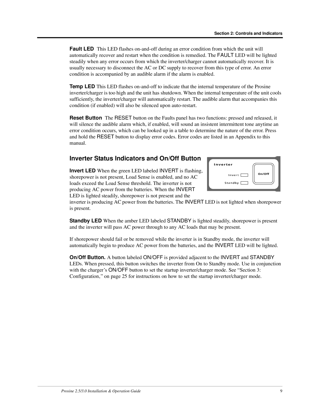 Xantrex Technology PS2.5, PS3.0 installation and operation guide Inverter Status Indicators and On/Off Button 