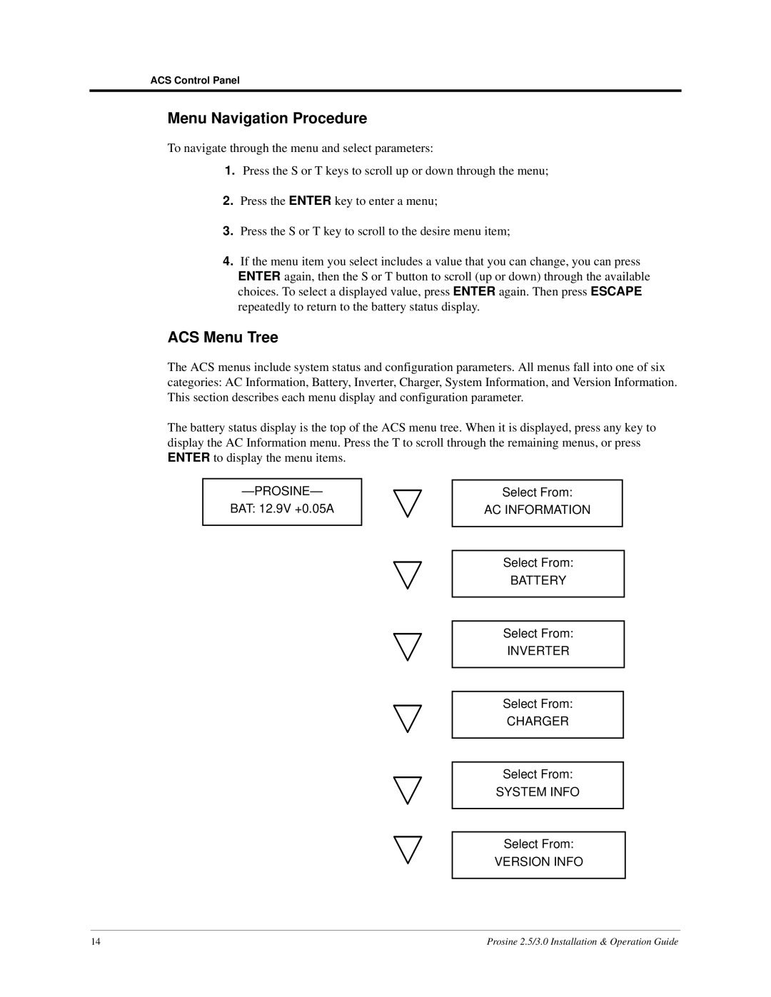 Xantrex Technology PS3.0, PS2.5 installation and operation guide Menu Navigation Procedure, ACS Menu Tree 