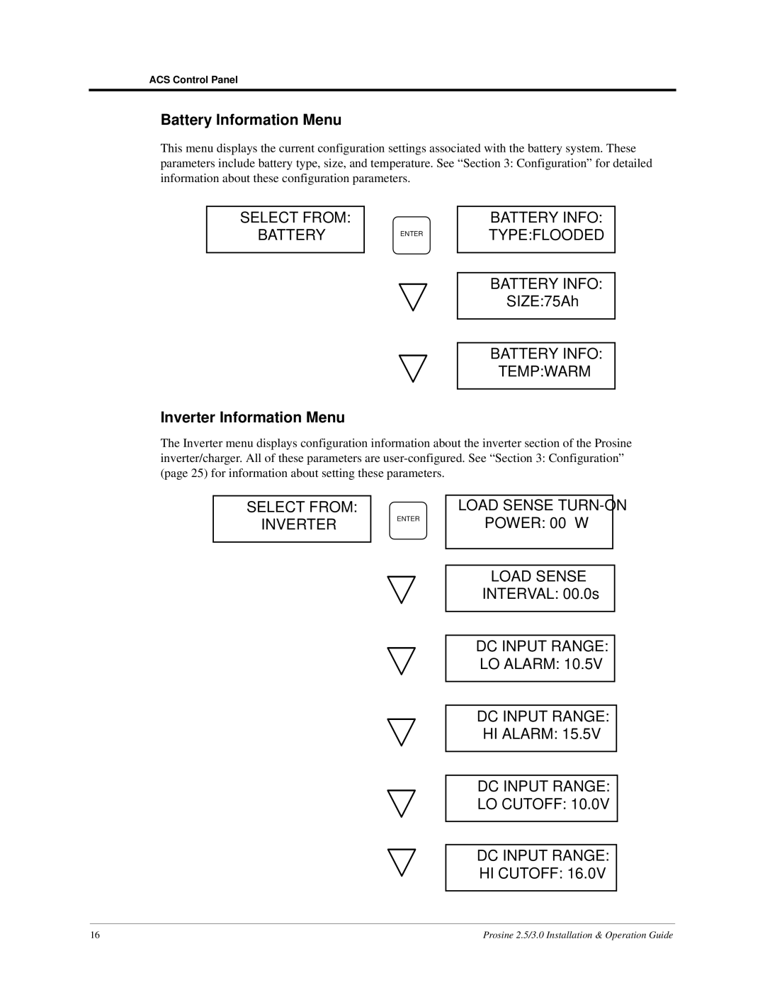 Xantrex Technology PS3.0, PS2.5 installation and operation guide Battery Information Menu, Inverter Information Menu 