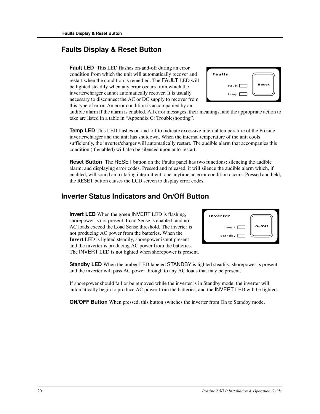 Xantrex Technology PS3.0, PS2.5 Faults Display & Reset Button, Inverter Status Indicators and On/Off Button 