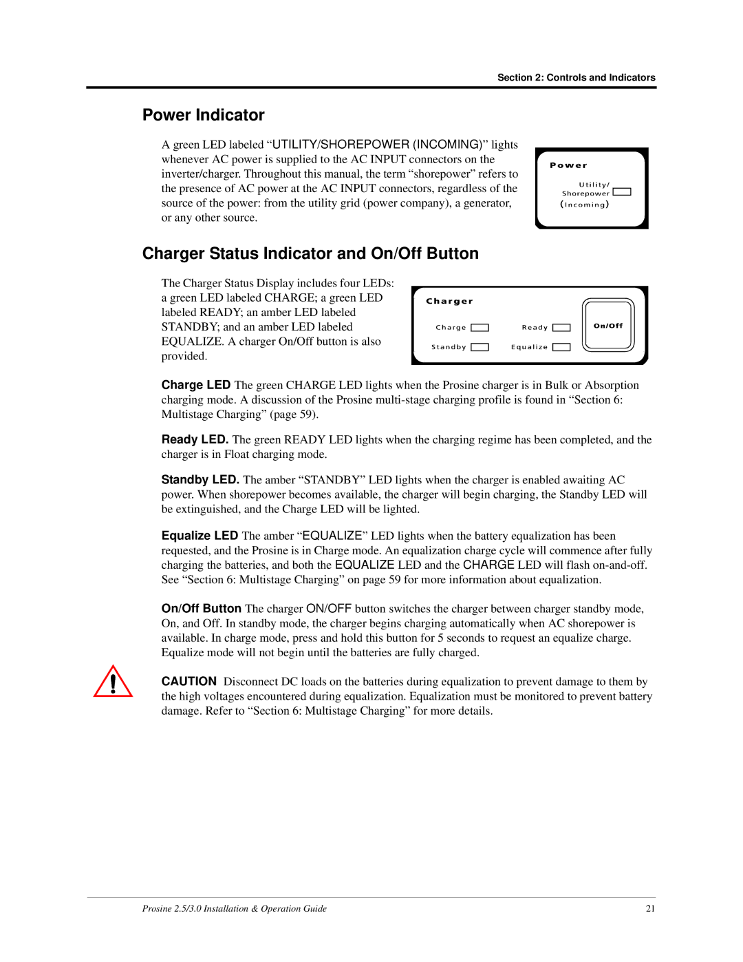 Xantrex Technology PS2.5, PS3.0 installation and operation guide Power Indicator, Charger Status Indicator and On/Off Button 