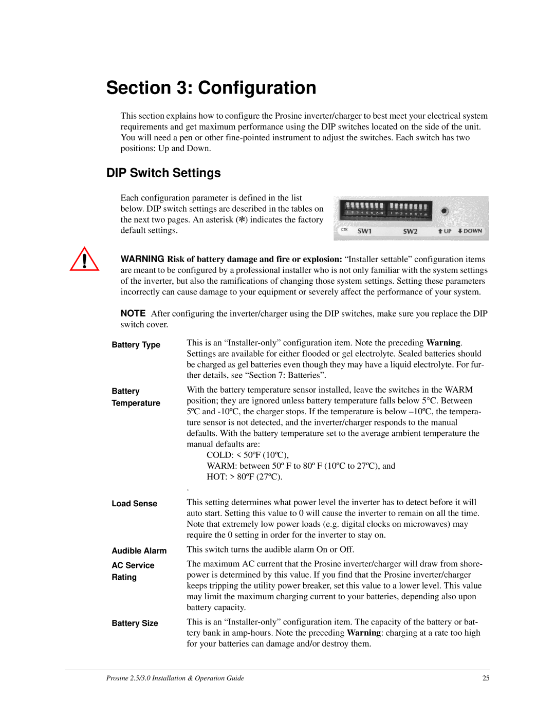 Xantrex Technology PS2.5, PS3.0 installation and operation guide Configuration, DIP Switch Settings 