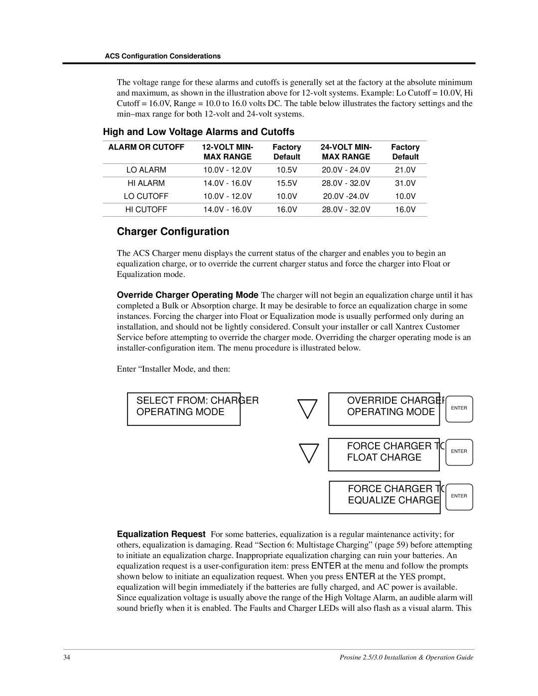 Xantrex Technology PS3.0, PS2.5 Charger Configuration, High and Low Voltage Alarms and Cutoffs 