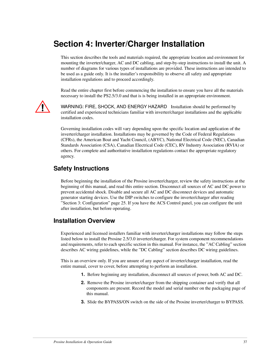 Xantrex Technology PS2.5, PS3.0 Inverter/Charger Installation, Safety Instructions, Installation Overview 