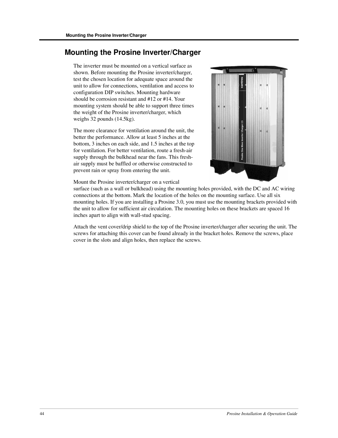 Xantrex Technology PS3.0, PS2.5 installation and operation guide Mounting the Prosine Inverter/Charger 