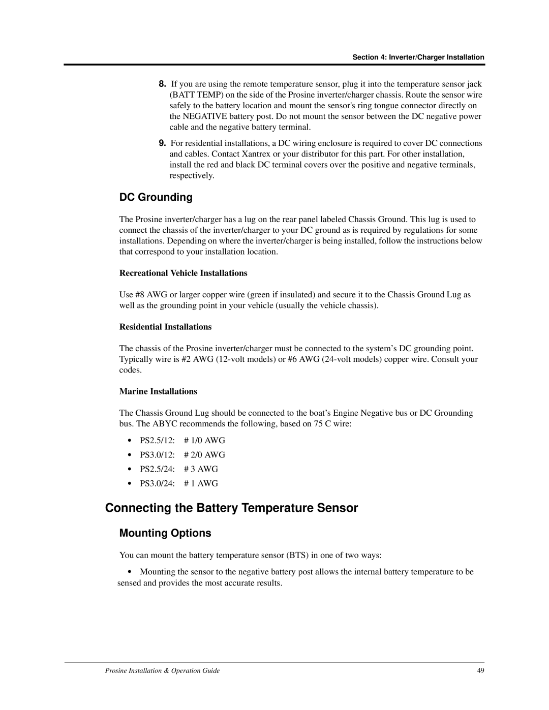 Xantrex Technology PS2.5, PS3.0 Connecting the Battery Temperature Sensor, DC Grounding, Mounting Options 