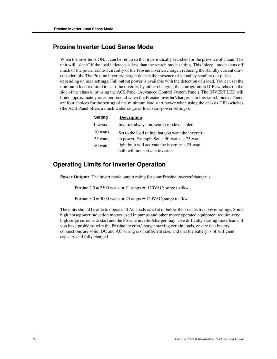 Xantrex Technology PS3.0, PS2.5 Prosine Inverter Load Sense Mode, Operating Limits for Inverter Operation 