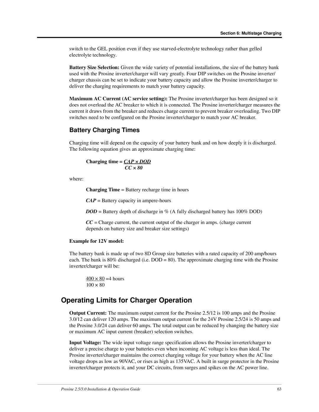 Xantrex Technology PS2.5, PS3.0 Operating Limits for Charger Operation, Battery Charging Times 