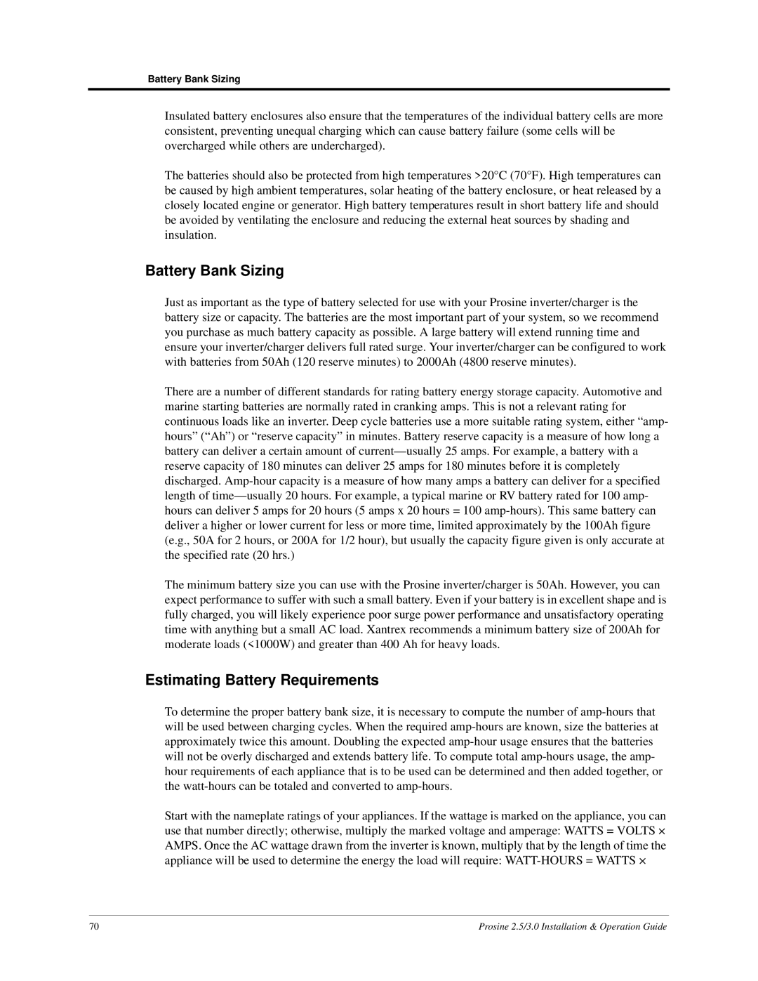 Xantrex Technology PS3.0, PS2.5 installation and operation guide Battery Bank Sizing, Estimating Battery Requirements 