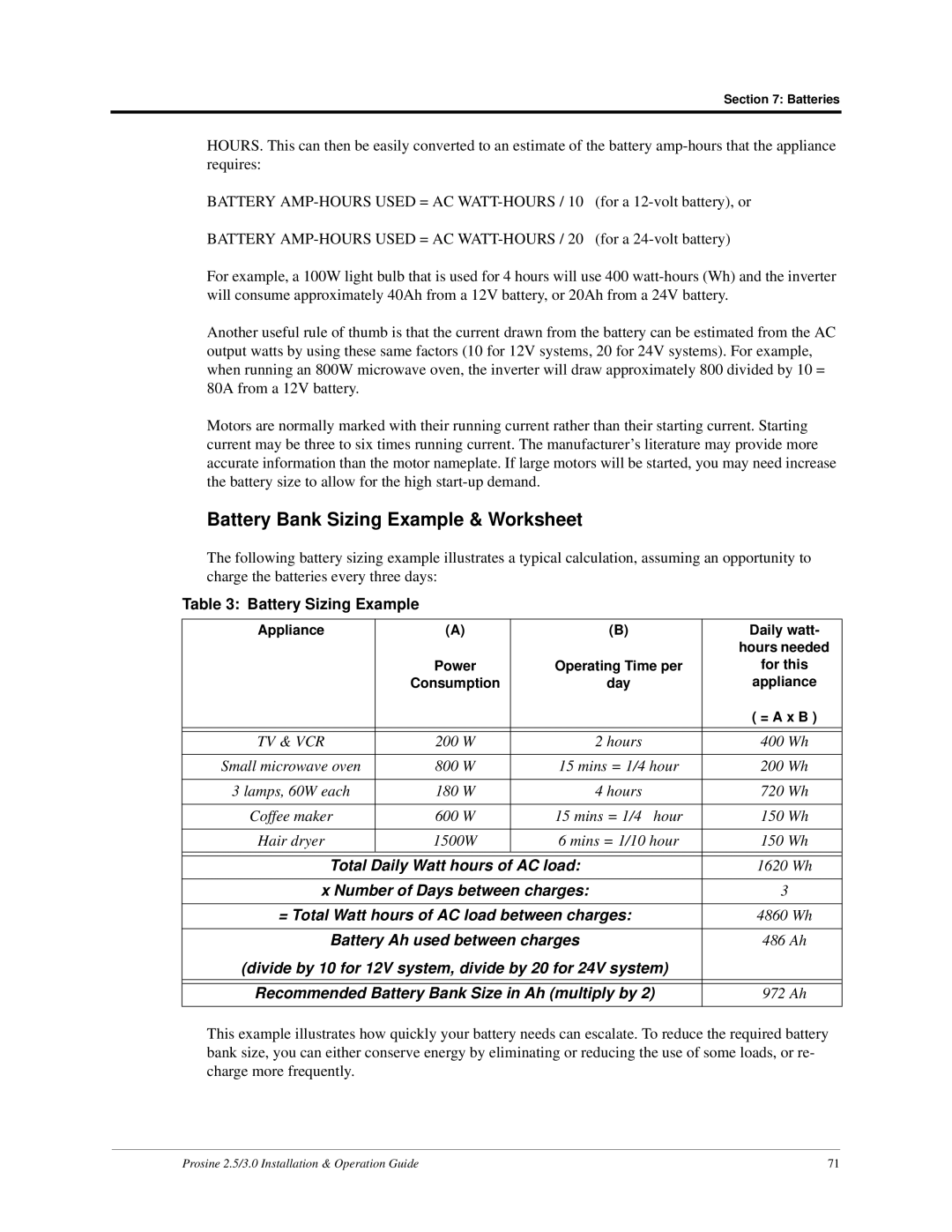 Xantrex Technology PS2.5, PS3.0 Battery Bank Sizing Example & Worksheet, Battery Sizing Example 