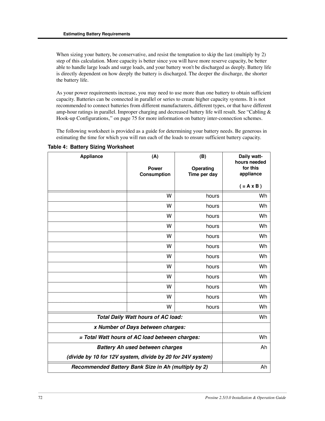 Xantrex Technology PS3.0, PS2.5 installation and operation guide Battery Sizing Worksheet 