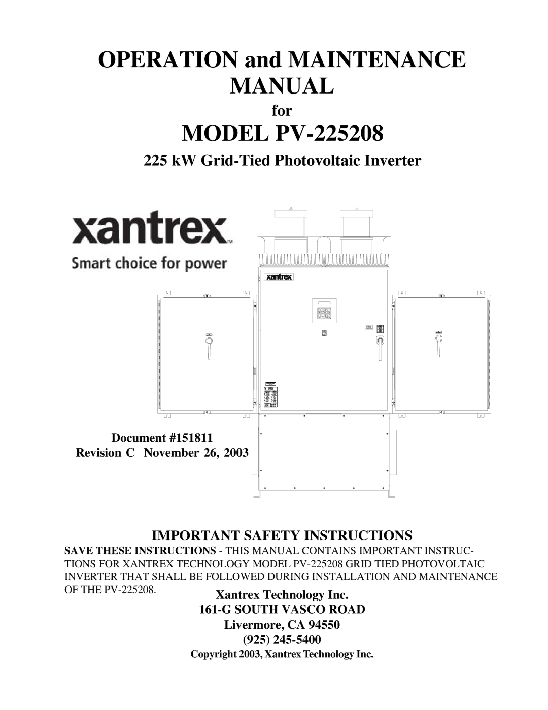 Xantrex Technology PV-225208 important safety instructions Manual 