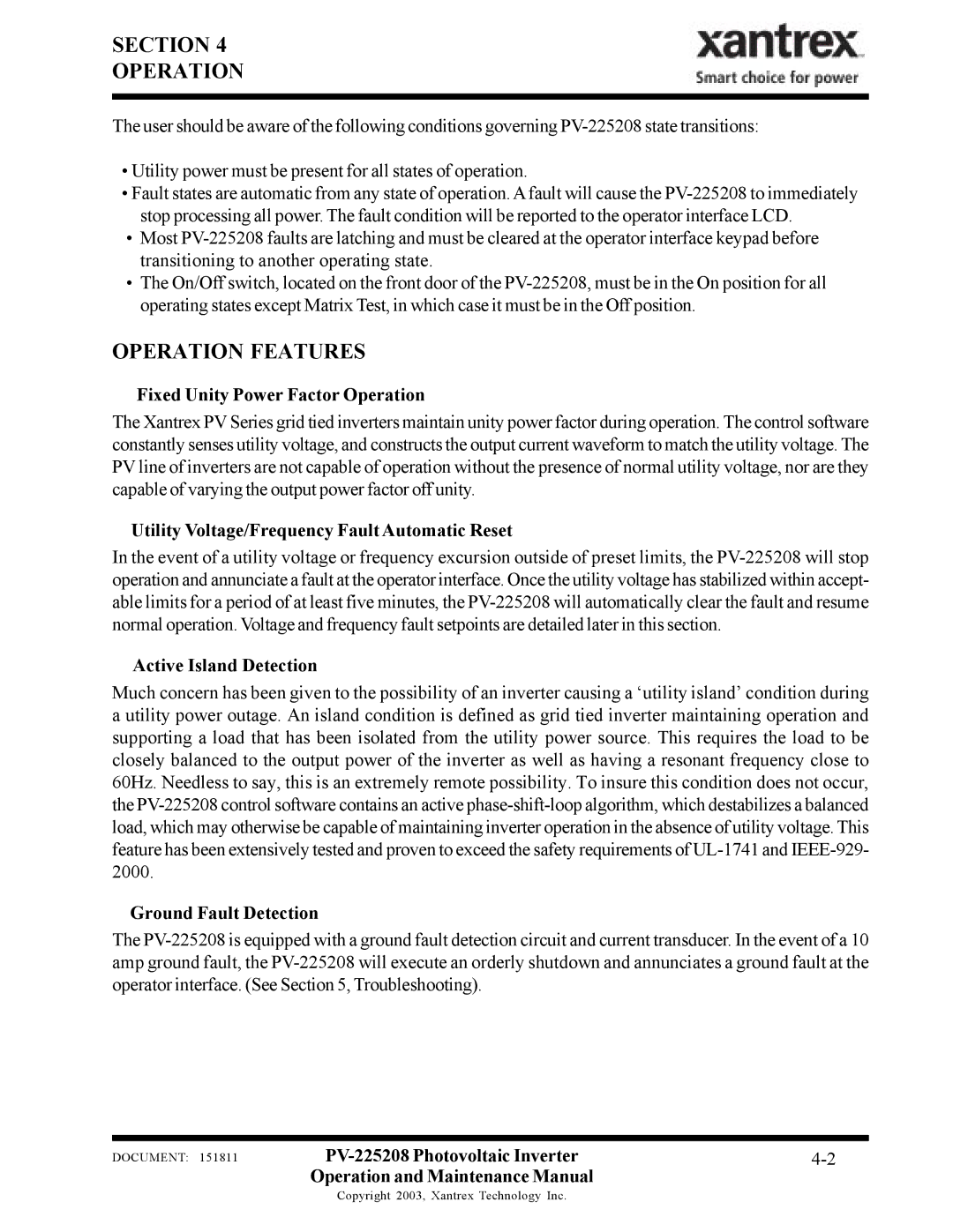 Xantrex Technology PV-225208 Section Operation, Operation Features, Fixed Unity Power Factor Operation 