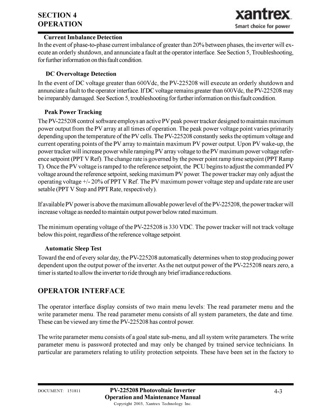 Xantrex Technology PV-225208 Operator Interface, Current Imbalance Detection, DC Overvoltage Detection 