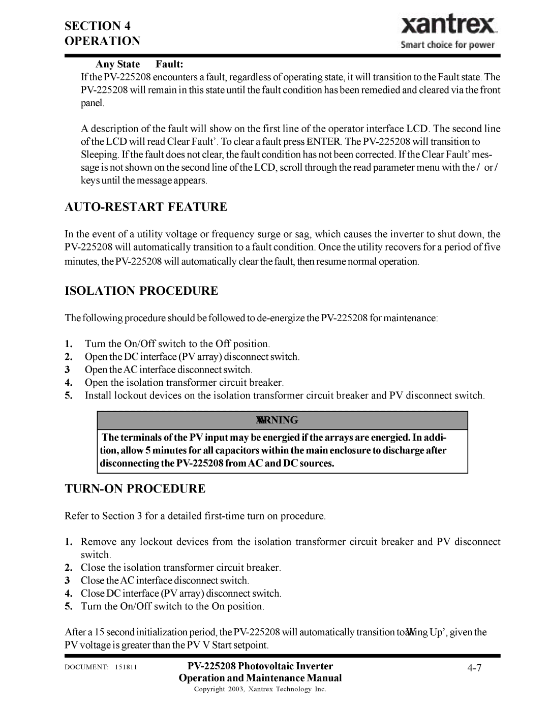 Xantrex Technology PV-225208 important safety instructions AUTO-RESTART Feature, TURN-ON Procedure, Any State → Fault 