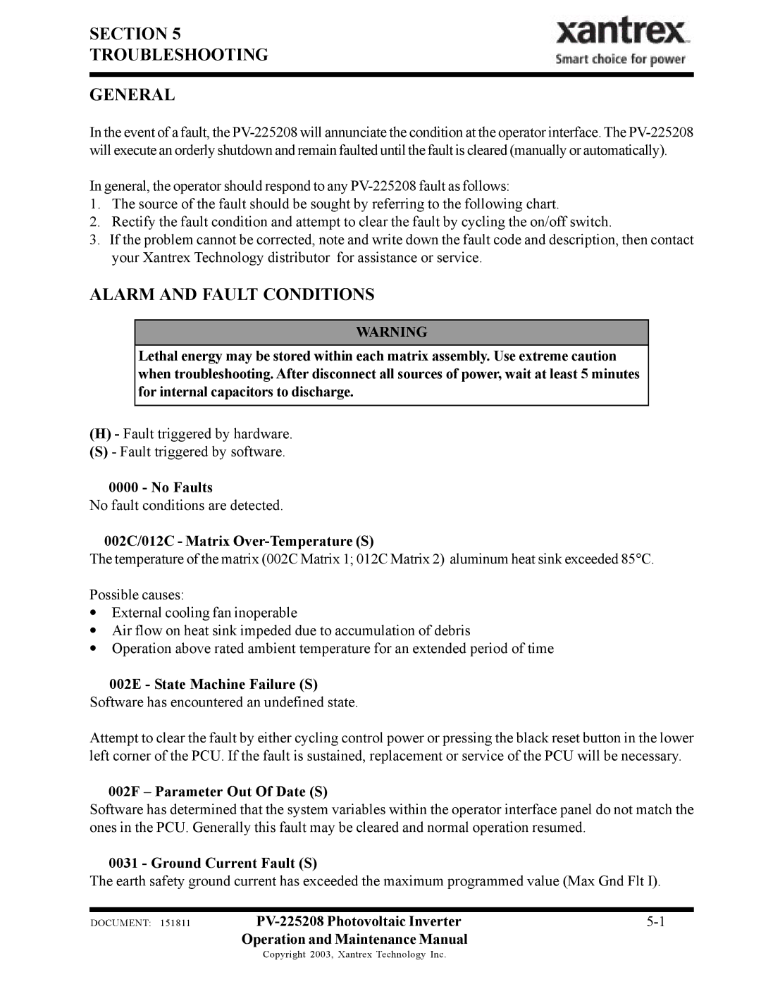 Xantrex Technology PV-225208 important safety instructions Section Troubleshooting General, Alarm and Fault Conditions 