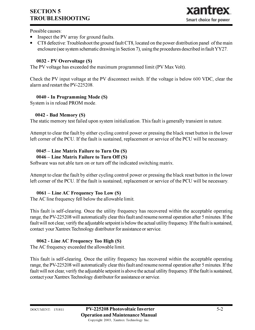 Xantrex Technology PV-225208 Section Troubleshooting, PV Overvoltage S, Programming Mode S, Bad Memory S 