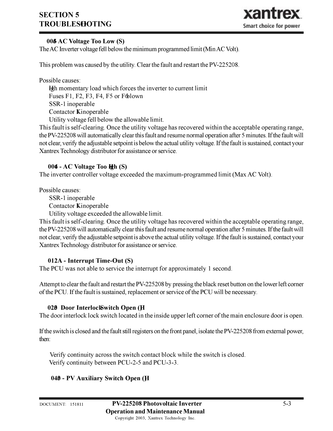 Xantrex Technology PV-225208 AC Voltage Too Low S, AC Voltage Too High S, 012A Interrupt Time-Out S 