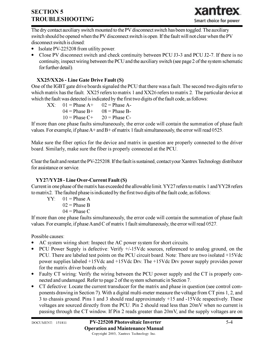 Xantrex Technology PV-225208 XX25/XX26 Line Gate Drive Fault S, YY27/YY28 Line Over-Current Fault S 