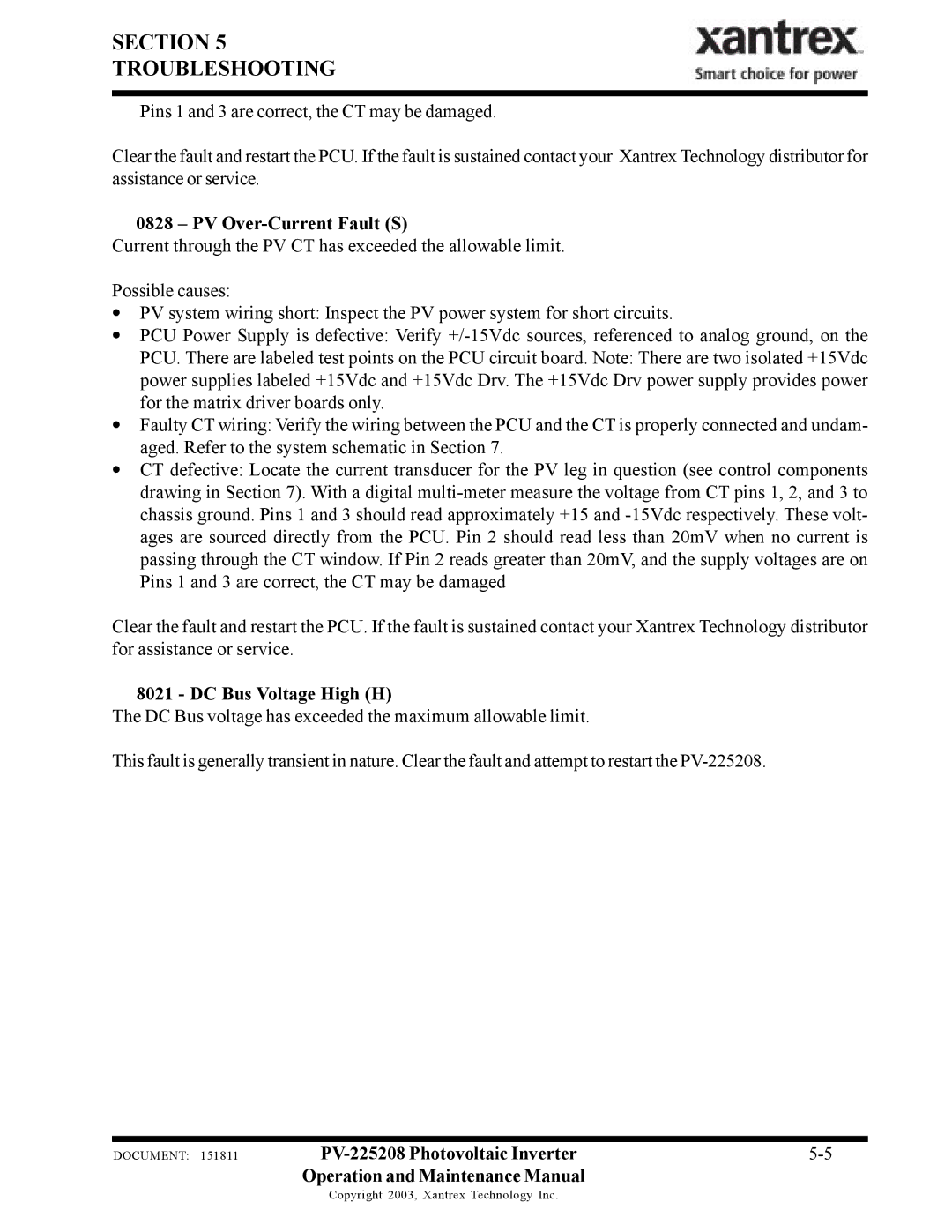 Xantrex Technology PV-225208 important safety instructions PV Over-Current Fault S, DC Bus Voltage High H 