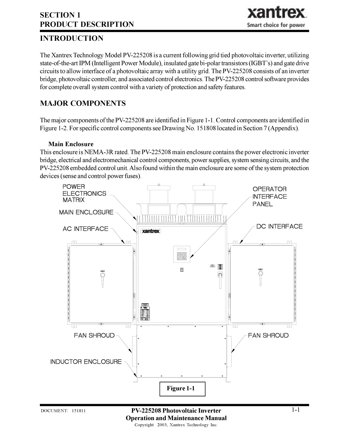 Xantrex Technology PV-225208 Section Product Description Introduction, Major Components, Main Enclosure 